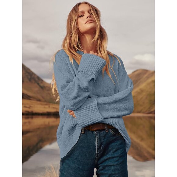 Women's Oversized Sweater Fuzzy Lake Blue Long Sleeve Casual Chunky Pullover - Picture 4 of 8